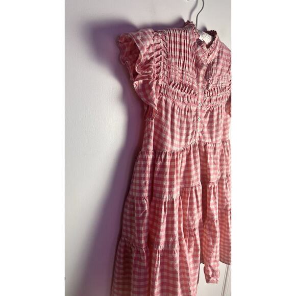 Karlie Gingham Poplin Tiered Ruffled Babydoll Dress Smocked Mock Neck Flutter S - Picture 3 of 10